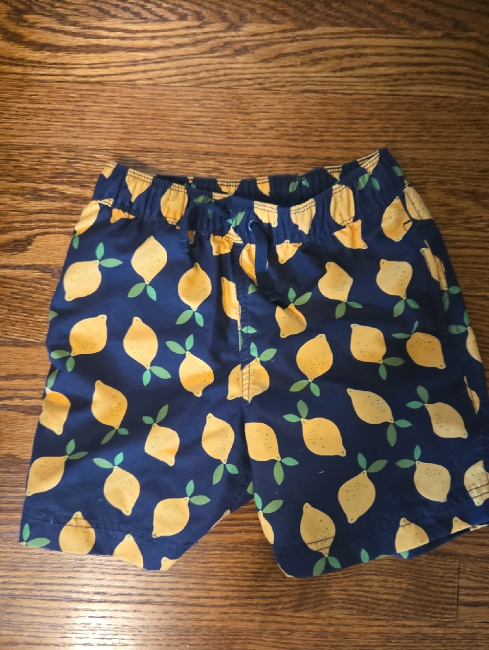 Hanna Andersson Navy Yellow Lemon Print Kids Swim Trunks 6-7